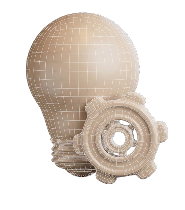 Modelado wireframe 3D de una bombilla y un engranaje, representando la arquitectura del conocimiento y la resolución de dudas técnicas
