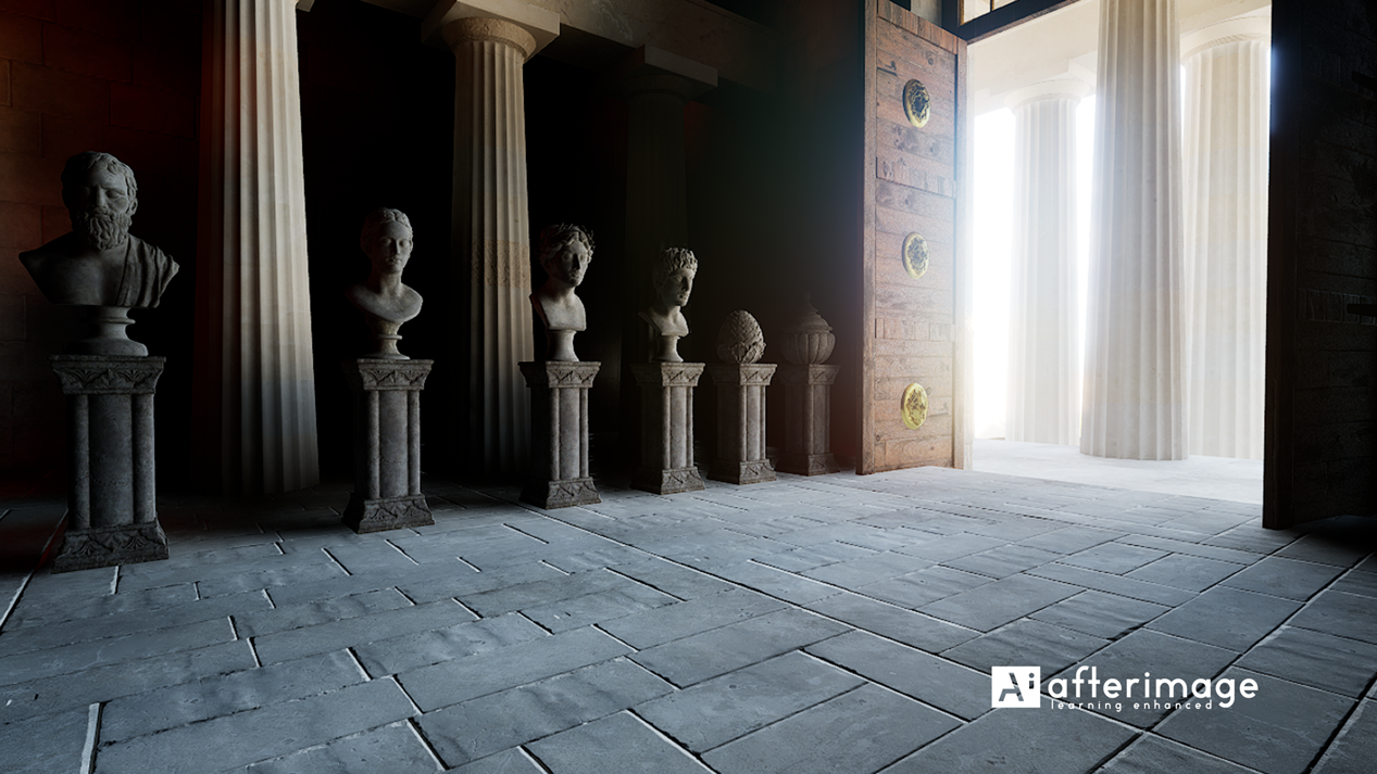 Renderizado 3D del interior del Partenón para experiencia inmersiva virtual, mostrando columnas griegas, bustos históricos y luz natural entrando por la puerta principal